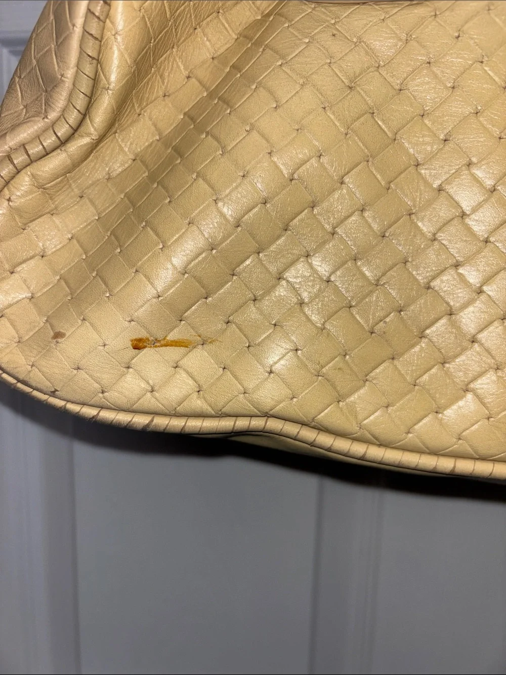 Antonio Melani Woven Style Leather Satchel Handbag - Cream-Gold Accents